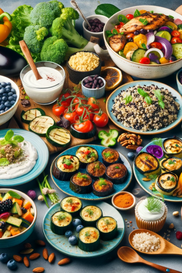 A colorful and appetizing collage of low-glycemic recipes suitable for a diabetic diet.