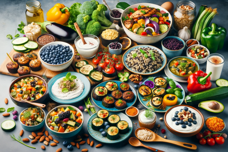 A colorful and appetizing collage of low-glycemic recipes suitable for a diabetic diet.