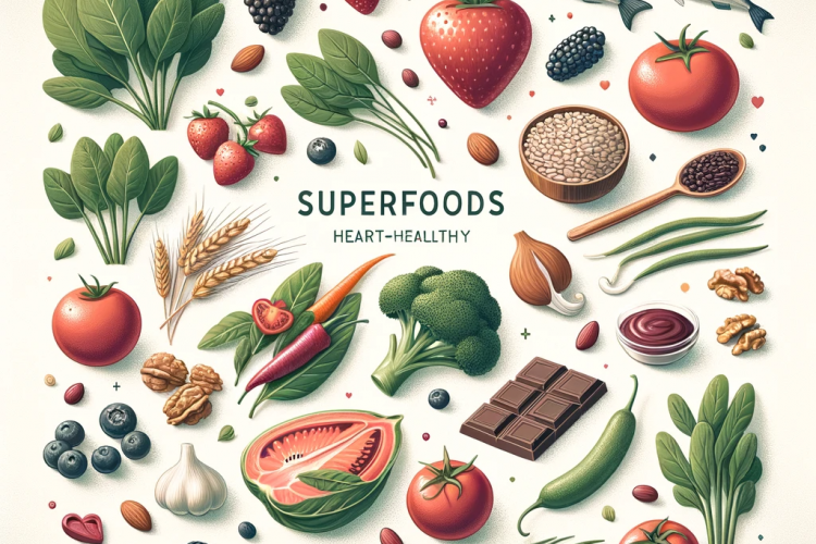 A minimalistic image featuring a collection of heart-healthy superfoods