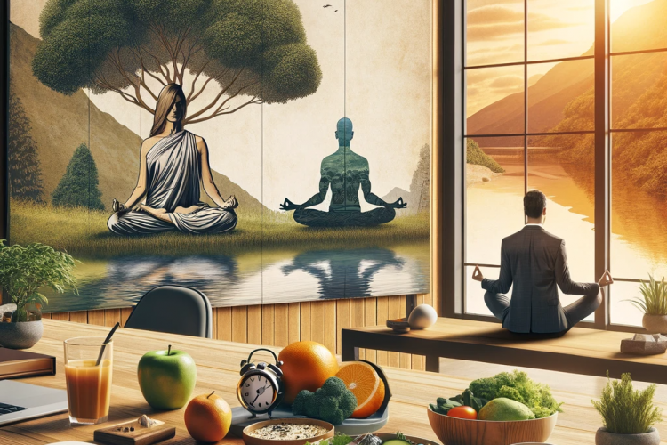 A serene and professional-themed image representing stress relief for busy professionals