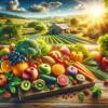 A vibrant and colorful image depicting the concept of farm to table. It shows a variety of fresh, locally-sourced fruits and vegetables on a rustic wo