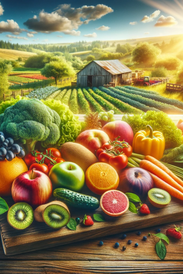 A vibrant and colorful image depicting the concept of farm to table. It shows a variety of fresh, locally-sourced fruits and vegetables on a rustic wo