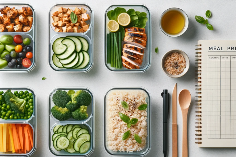 The image should show neatly arranged containers with different healthy foods like chopped vegetables