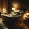 The room is dimly lit with soft, warm lighting. The bed is neatly made with comfortable