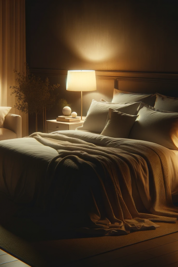 The room is dimly lit with soft, warm lighting. The bed is neatly made with comfortable