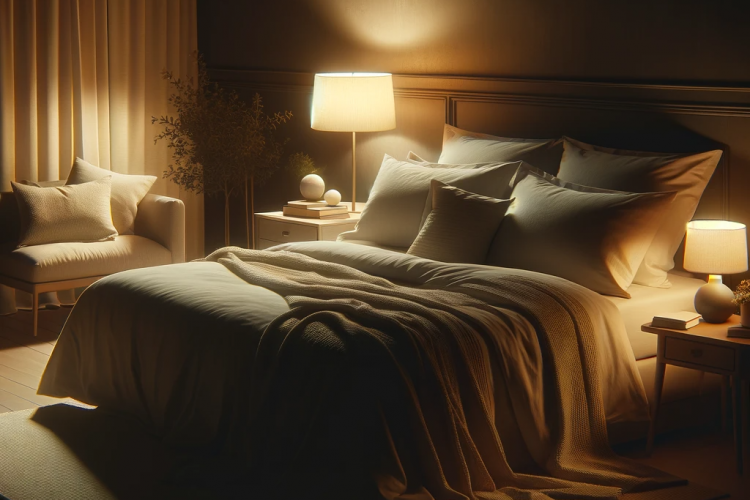 The room is dimly lit with soft, warm lighting. The bed is neatly made with comfortable