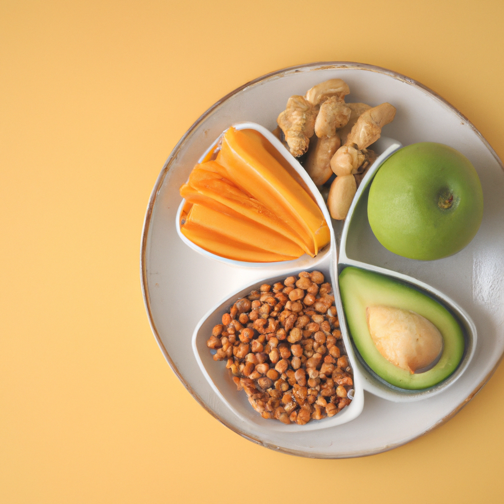 A balanced plate showcasing whole grains, fruits, vegetables, and healthy fats.