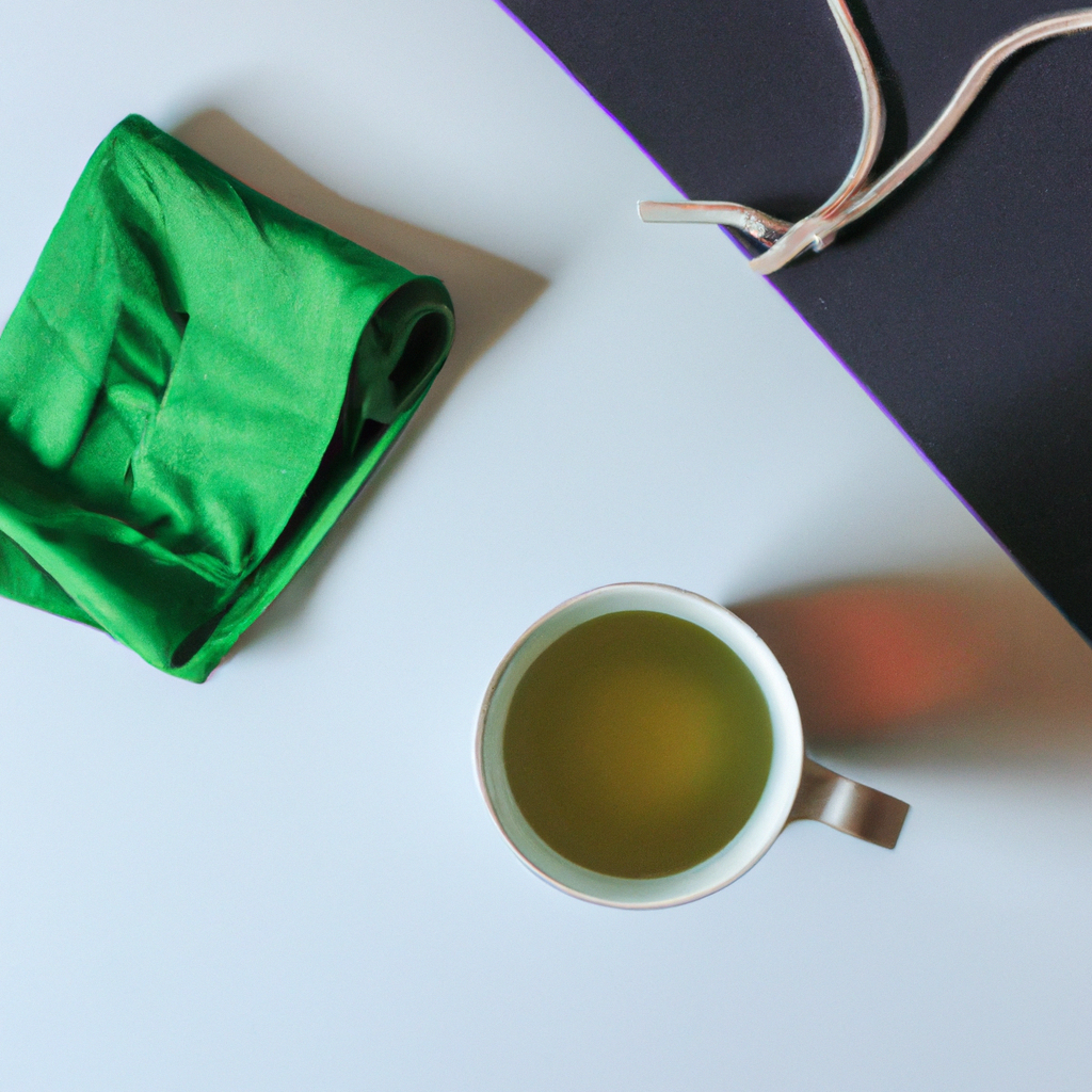 A cup of green tea amidst workout gear.