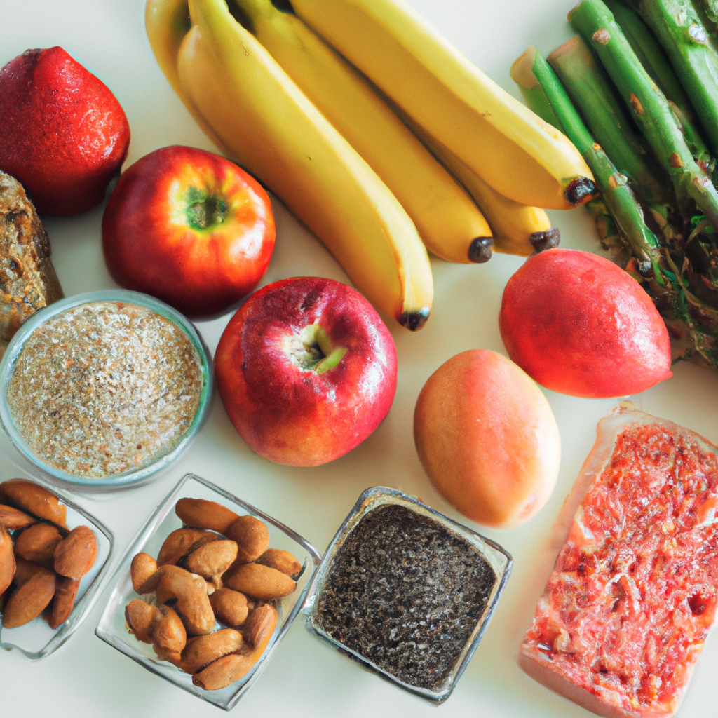 A spread of colorful whole foods, showcasing fruits, vegetables, whole grains, and healthy fats.