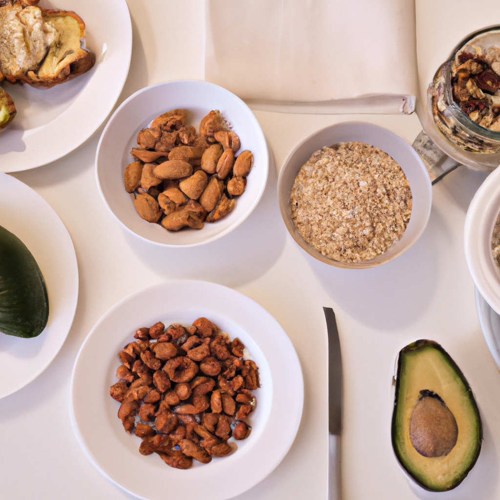 A wholesome breakfast spread with avocados, nuts, whole grains, and fresh fruits.