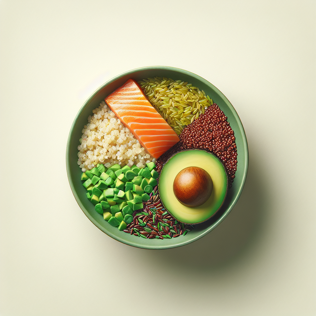 A bowl of whole grains with avocados and salmon.